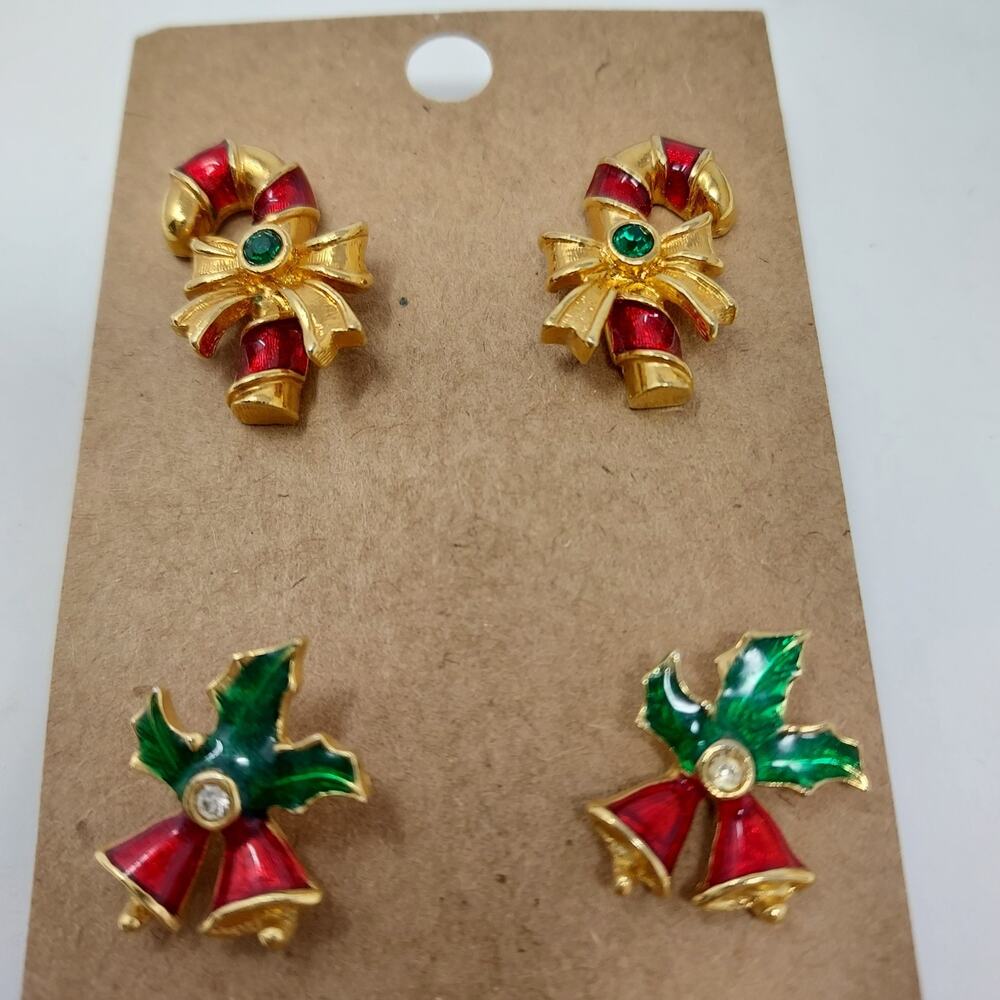 Avon Christmas Pierced Earrings 2 Pairs Enamel Candy Cane Bells Signed